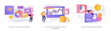 Finansal yönetim için Yapay Zeka soyut konsept vektör çizimi seti. AI Yedeklenmiş Otomatik Muhasebe, Yatırım Portföyü Yönetimi, Masraflar Yönetimi soyut metaforu.