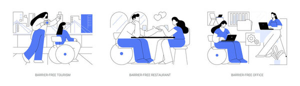 Barrier-free environment isolated cartoon vector illustrations set. Person wheelchair travel with friend, disabled person eating in restaurant, inclusive office, accessible city vector cartoon.