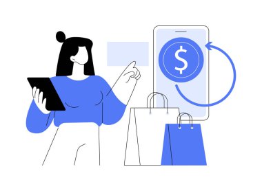 Cashback karikatür vektör çizimlerini izole etti. Telefonla gülümseyen kız ücret alıyor, sadakat programını bozduruyor, perakende pazarlama, kârlı alışveriş yapıyor, mutlu müşteri vektör karikatürü çiziyor..