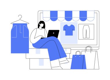 İnternetten izole edilmiş çizgi film çizimleri seçiyorum. Genç kız soyunma odasında oturuyor ve dizüstü bilgisayarla kıyafet seçiyor, yeni kıyafetler ve aksesuar vektör karikatürü alıyor..