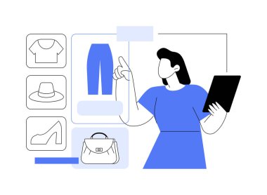 Alışveriş uygulaması karikatür vektör çizimlerini izole etti. Elinde tablet, ekranda online mağaza kıyafetleri, insanların yaşam tarzı, yeni kıyafetler ve aksesuar vektör karikatürü alan genç bir kız..