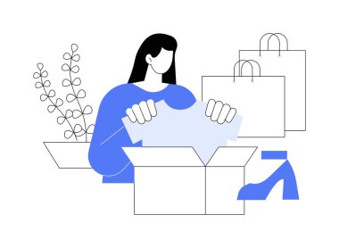 İzole çizgi film çizimleri geldi. Giysilerini ve aksesuarlarını açan mutlu kız, insanların yaşam tarzı, online alışveriş dağıtımı, tüketim fikri vektör karikatürü.