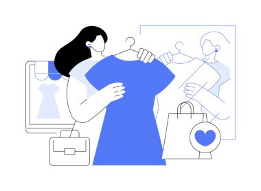 İzole edilmiş çizgi film çizimleri ile mutlu. Gülümseyen kız elbise deniyor, online alışveriş yapıyor, insanların yaşam tarzı, yeni kıyafetler ve aksesuar vektör karikatürü alıyor..