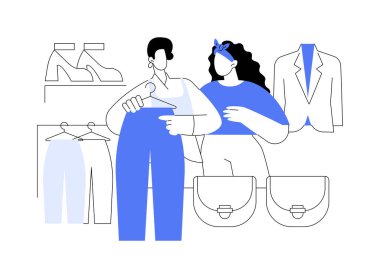 Kişisel tasarımcı, karikatür vektör çizimlerini izole etti. Moda stilisti müşterisine elbise, yaz kıyafeti, alışveriş merkezi, yeni kıyafetler ve aksesuar vektör karikatürü denemesi sunuyor..