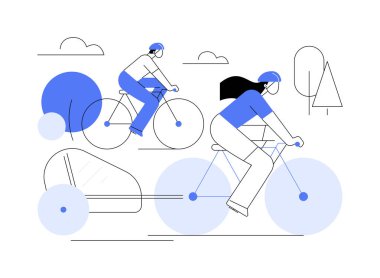 Bisiklet römorku karikatür vektör çizimlerini izole etti. Bisiklet karavanı, açık hava aktivitesi, mutlu bir hafta sonu, sağlıklı bir yaşam tarzı, birlikte tatile çıkan bir çocuk..