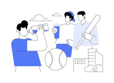 Beyzbol maçından sonra karikatür vektör çizimleri izole edildi. Çeşitli oyunculardan oluşan bir grup oyundan sonra dinleniyor, topu ellerinde tutuyorlar, su içiyorlar, açık hava aktiviteleri yapıyorlar, birlikte, şehir sporları çizgi filmi..