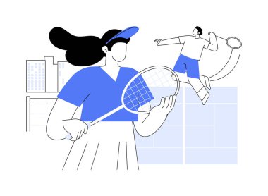 Tenis kortu karikatür vektör çizimlerini izole etti. Güzel bir kız kortta dururken tenis raketi tutar, sağlıklı bir yaşam tarzı, spora gider, açık hava aktiviteleri vektör karikatürü çizer..