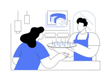 İzole edilmiş çizgi film çizimleri tatmak. Market satıcısı küçük peynir parçaları, özel yemek tatma, süpermarket tanıtımı, akıllı alışveriş vektör karikatürü sunar..