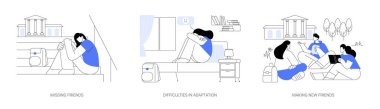 Öğrenci sosyal adaptasyonu karikatür vektör çizimleri ayarlandı. Kampüste yalnız oturan üzgün bir genç, kayıp ebeveynler, sosyalleşme zorluğu, yeni arkadaşlar edinme vektör karikatürü.