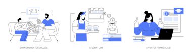 Öğrenciler izole edilmiş karikatür çizimleri setini finanse ediyorlar. Ebeveynler üniversite için para biriktiriyorlar, yarı zamanlı öğrenci işi buluyorlar, finansal yardım için başvuruyorlar, shcolarship alıyorlar, eğitim yardım çizgi filmi çiziyorlar..