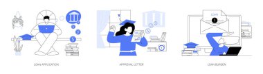Student loan isolated cartoon vector illustrations set. Young person filling out application, apply for financial aid for college education, get approval letter, feeling debt burden vector cartoon.
