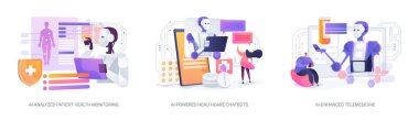 Sağlık hizmetlerindeki yapay zeka teknolojisi soyut konsept vektör çizimi seti. El-Analizli Hasta Sağlığı İzleme, El-Güçlendirilmiş Sağlık Chatbotları, Gelişmiş Teletıp sohbet robotları soyut metaforlar.