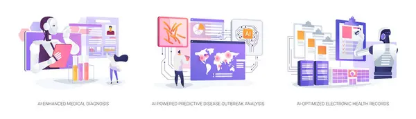 stock vector AI in Healthcare abstract concept vector illustration set. AI-Enhanced Medical Diagnosis, analyze medical images, Predictive Disease Outbreak Analysis, Electronic Health Records abstract metaphor.