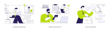 Çevrimiçi danışmanlık hizmetleri soyut konsept vektör illüstrasyon seti. İş danışmanı, bilgisayarlı uzaktan muhasebeci, sanal asistan, online muhasebe, soyut mali danışman.