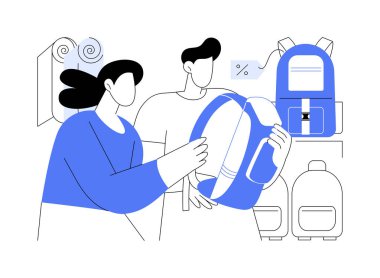 İzole edilmiş bir karikatür çizimi seçiyorum. Dışarıdaki malzeme dükkanından çanta seçen bir adam, satıcıya, iş sahibine, mesleki vektör karikatürüne danışmanlık yapıyor..