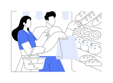 Pastane bölümü karikatür vektör çizimlerini izole etti. Market pastanesinden alışveriş yapan mutlu çift, özel yemekler, süpermarket vektör karikatüründen hamur işi alan..