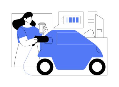 Car charging service isolated cartoon vector illustrations. Girl charges electric car, urban lifestyle, eco automobile, city transportation, personal transport, vehicle energy vector cartoon.
