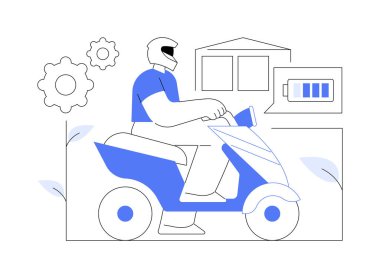 Elektrikli motosiklet karikatür vektör çizimlerini izole etti. Elektrikli motosiklet süren gülümseyen adam, şehir yaşam tarzı, şehir ulaşımı, toplu taşıma, modern araç vektör karikatürü.