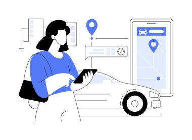 İzole edilmiş bir karikatür vektör illüstrasyonunu kaydediyorum. Mobil uygulamalı kadın araba paylaşımı, ellerinde akıllı telefon, şehir yaşam tarzı, şehir ulaşımı, araç kiralama vektör karikatürü.