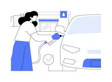 Yakıt doldurma karikatür vektör çizimleri. Güzel bir kadın arabaya benzin dolduruyor, bir tabanca tutuyor, yakıt ikmali yapıyor, şehir yaşam tarzı, şehir taşımacılığı karikatürü..