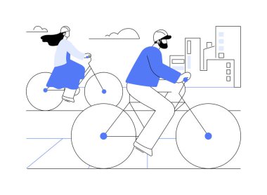 İzole edilmiş çizgi film çizimlerinin tadını çıkarın. Kiralık bisiklete binen kasklı mutlu çift, kentsel yaşam tarzı, şehir ulaşımı, açık hava aktivite karikatürü.