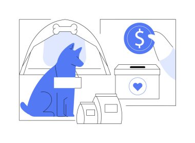 İzole edilmiş çizgi film çizimleri için hayvan barınağına bağış yapın. Köpek bağış istasyonu, malzeme, sorumluluk, sosyal aktivite, gönüllü fikir, hayvan bakımı vektör karikatürü.