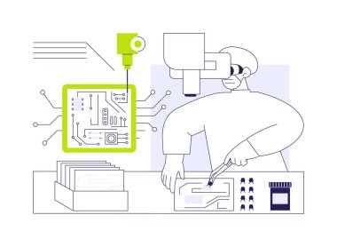 PCB soyut konsept vektör çizimini birleştiriyor. Yazılı devre kartı montaj süreci, elektronik üretim, hafif sanayi, lehim macunu, modern teknoloji soyut metaforu..