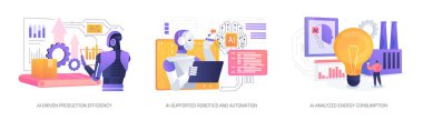 Soyut konsept vektör illüstrasyonunda yapay zeka seti. AI-Driven Üretim Verimliliği, Robotbilim ve Otomasyon, El-Analiz Enerji Tüketimi Soyut Metaforu.