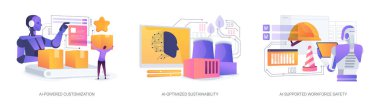 AI destekli üretim süreçleri soyut konsept vektör illüstrasyon seti. AI-Güçlü Özelleştirme, El-İyimser Sürdürülebilirlik, El-Destekli İşgücü Güvenliği, Çalışanların Korunması Soyut Benzetme.