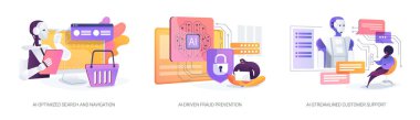 Çevrimiçi alışveriş soyut konsept vektör illüstrasyon setinde yapay zeka. En İyimser Arama ve Seyrüsefer, El-Sürücü Dolandırıcılığı Önleme, Sohbet Robotları ile El-Akımlı Müşteri Desteği.