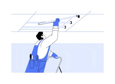 Ticari ışıklandırma kurulumu soyut konsept vektör illüstrasyonu. Profesyonel elektrikçi, boş odadaki ticari ışıklandırma kurulumuyla ilgileniyor, iç metafor ise soyut..