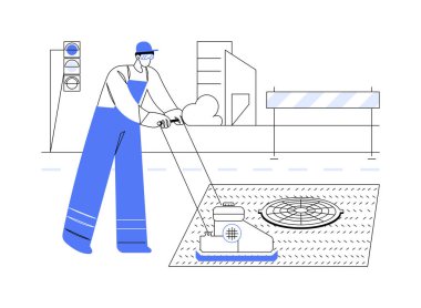 Çukur yaması soyut konsept vektör çizimi. Üniformalı işçiler çukur yaması, yol onarımı ve bakımı, altyapı binası, asfalt yapı soyut metaforu ile uğraşırlar..