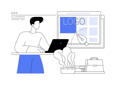 Markalaştırma kavramı soyut konsept vektör çizimi. Grafik tasarımcısı yeni bir iş kurumu için logo yaratıyor, bilişim şirketi uzmanı, marka geliştirme, UI tasarım soyut metaforu.