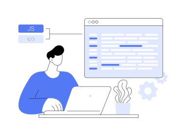 Javascript soyut konsept vektör çizimi. JavaScript dili, kodlama süreci, bilişim şirketi çalışanı, geliştirme, müşteri-kenarı geliştirme soyut metaforu kullanan geliştirici programlama.