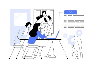 Yazılım geliştirme soyut konsept vektör çizimi. Bir grup bilişim şirketi çalışanı ofiste yazılım mühendisliği, arka uç geliştirme, takım çalışması, soyut metafor.