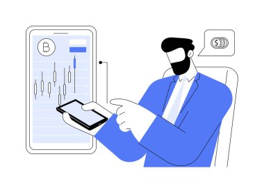 Kripto para ticareti uygulaması soyut konsept vektör çizimi. Akıllı telefonu olan adam kripto takas uygulaması kullanıyor, CFD hesabı, madeni para büyümesi, engelleme teknolojisi, para soyut metaforu artırıyor..