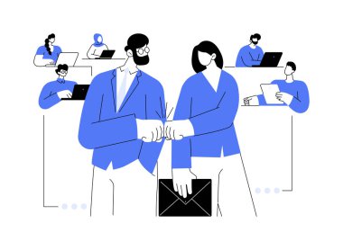 İş ortağı soyut konsept vektör çizimi. Gülümseyen iş ortakları, yatırım stratejisi, para toplama, ekip bulma, işbirliği ve soyut metafor.