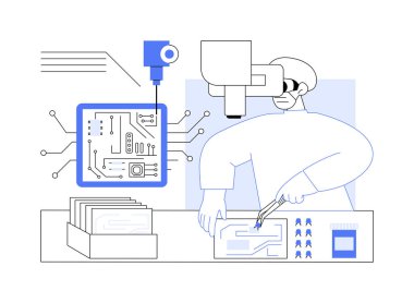 PCB soyut konsept vektör çizimini birleştiriyor. Yazılı devre kartı montaj süreci, elektronik üretim, hafif sanayi, lehim macunu, modern teknoloji soyut metaforu..