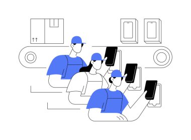 Elektronik cihaz soyut konsept vektör çizimi. Akıllı telefonları paketleyen fabrika işçileri, elektronik üretimi, hafif endüstri, alet edevat teslimatı soyut metafor.