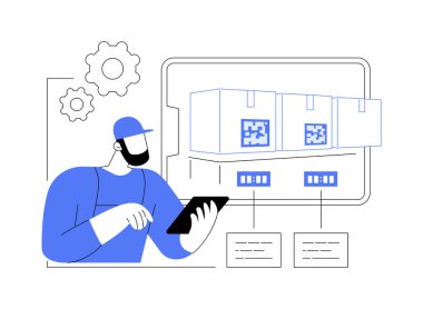 Elektronik cihaz lojistik soyut konsept vektör çizimi. Tedarikçi temsilcisi elektronik cihazların dağıtımı, lojistik yazılım kullanımı, dağıtım sektörü soyut metaforunu kontrol eder.