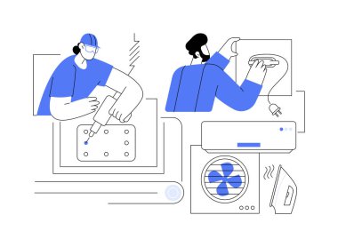 Ev aletleri montajı soyut konsept vektör çizimi. Fabrikada ev aletleri, elektronik imalatı, ev aletleri üreten bir grup işçi soyut metafor üretiyor..