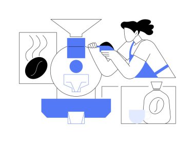 Kahve büfesi soyut konsept vektör çizimi. Barista kahve, espresso hazırlama, servis sektörü, horeca işi, doldurucuların içine düşen fasulyeler, soyut kokulu metafor..