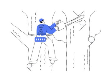 Profesyonel ağaç kesme, soyut konsept vektör çizimi. Ağaç kesen kesiciler testere, hasatlık kereste, hasat planlama, hammadde endüstrisi soyut metafor.