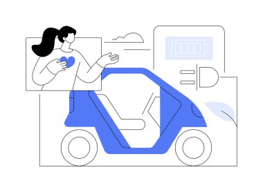 Komşu elektrikli araç soyut konsept vektör çizimi. Komşularının yanında duran elektrikli araba, ekoloji bakımı sürdürülebilir şehir ulaşımı soyut metafor..
