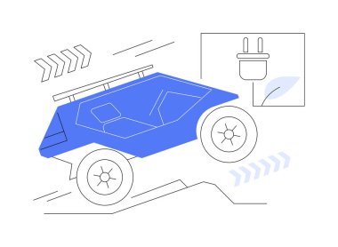 Off-road elektrikli araçlar soyut konsept vektör çizimi. Çevre dostu off-road arabası, modern elektrikli araç yolda, ekoloji endüstrisi, sürdürülebilir endüstriyel ulaşım soyut metaforu.