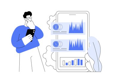 Kripto para birimi soyut konsept vektör çizimi. Akıllı telefonlu bir adam şifreli para birimini analiz ediyor, ekranda takas uygulaması, modern engelleme teknolojisi soyut metafor..