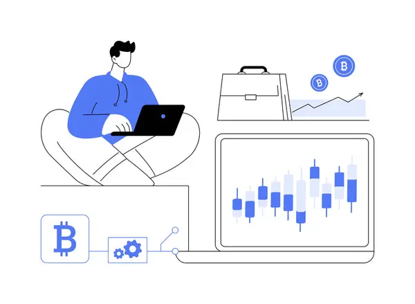 Stock vector Cryptocurrency hedge funds abstract concept vector illustration. Man with laptop deals with crypto hedge fund, blockchain technology, money investment, financial literacy abstract metaphor.