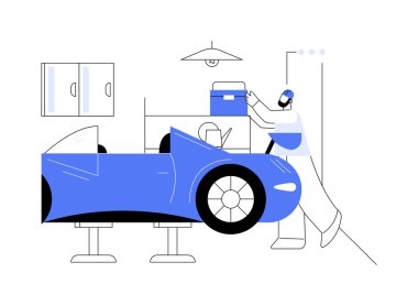 Araba akort garajı soyut konsept vektör çizimi. Tamirci, garajda spor ulaşımını, araba akortunu, profesyonel sokak yarışını, araç bakımı metaforunu özelleştirdi.