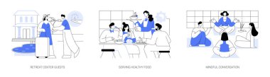 Retreat center isolated cartoon vector illustrations set. Worker meets the guest, recreation business, serving healthy food, detox vacation, people having mindful conversation vector cartoon.