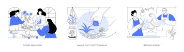 Çiçek ve bitki tasarım dersleri karikatür vektör çizimleri seti. Çiçek düzenleme atölyesi, buket kompozisyonu oluşturma, sulu teraryum yapma, bonsai özel vektör çizgi filmi yetiştirme.